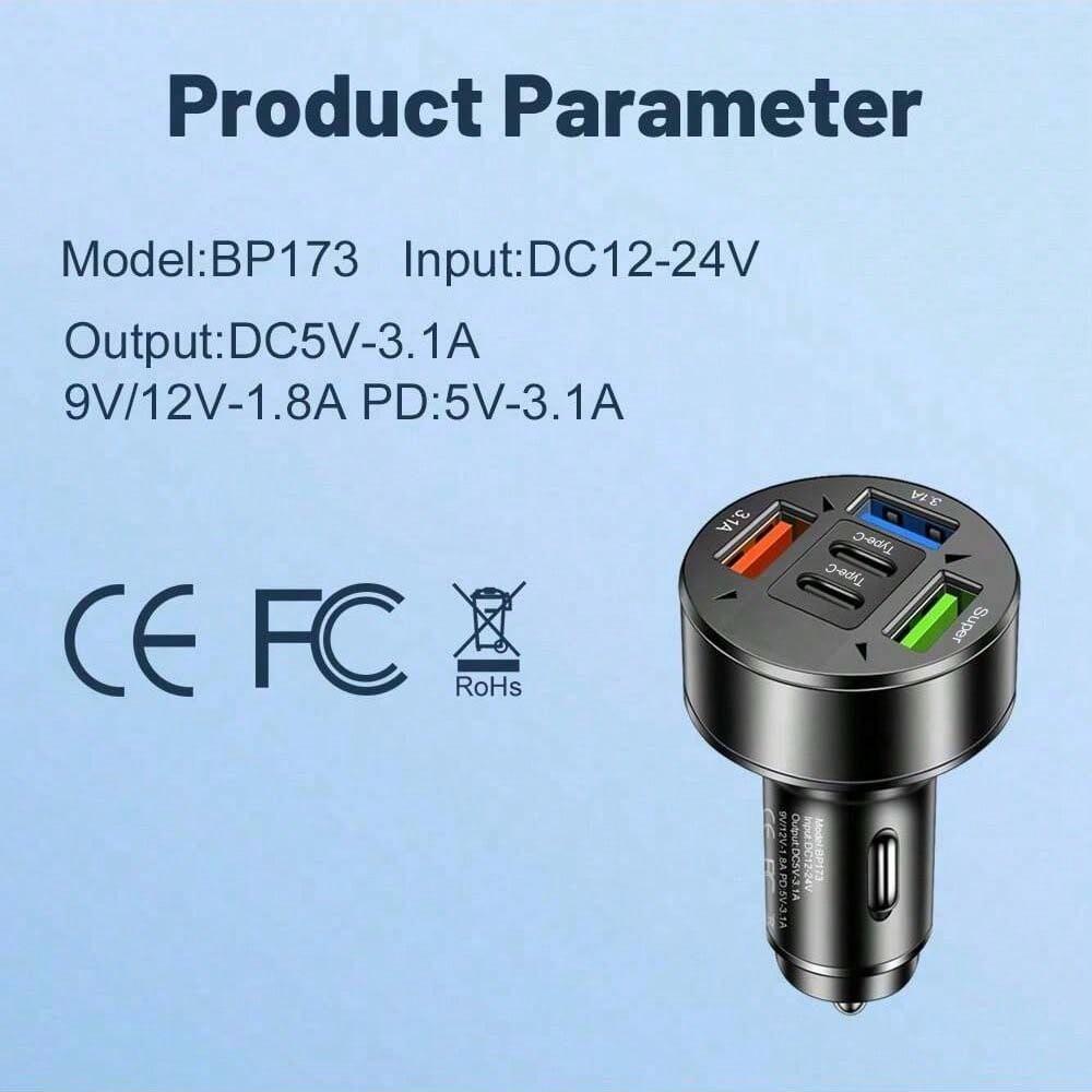 Dual Type-C & USB Car Charger with LED Voltage Display, 3.1A Fast Charging Adapter