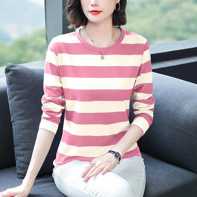 Осенняя одежда для мам среднего возраста, свободная хлопковая футболка с длинным рукавом больших размеров, женская осенняя одежда, майки с полосатыми топами