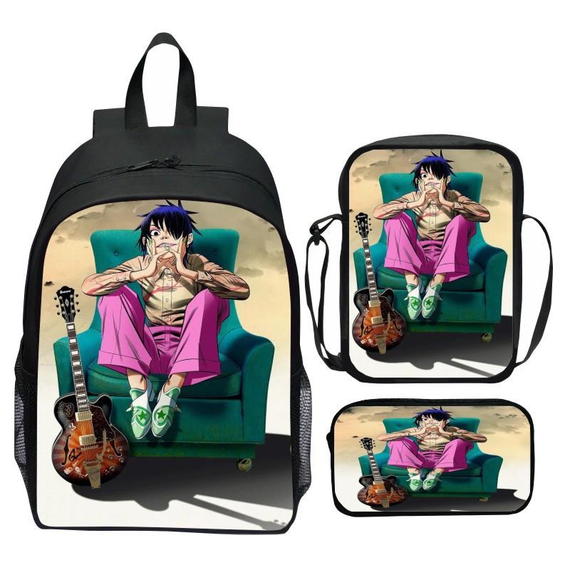 Gorillaz UK Virtual Band Printed Cartoon Backpack 3-Piece Set School Bag Lightweight Large Capacity