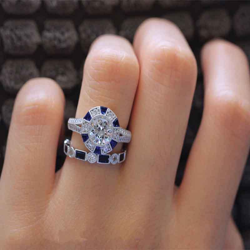 Stunning Geometry-inspired Silver Plated Blue Sapphire And Topaz Wedding Ring Set