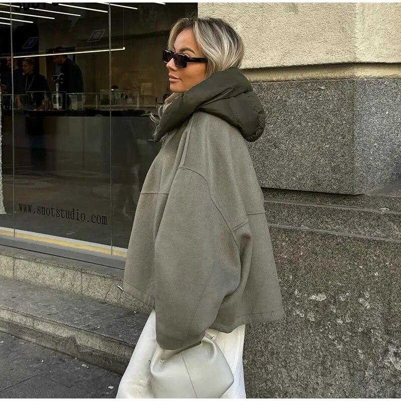 Повседневная свободная женская куртка с капюшоном, однотонная лоскутная молния, теплые пальто с длинными рукавами, осень-зима, женская шикарная уличная верхняя одежда, женское шерстяное пальто, уличная одежда