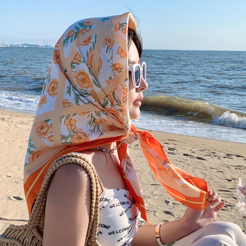 Nordic simple silk scarf long female French retro black and white striped large square scarf tied hair ins headscarf headband shawl