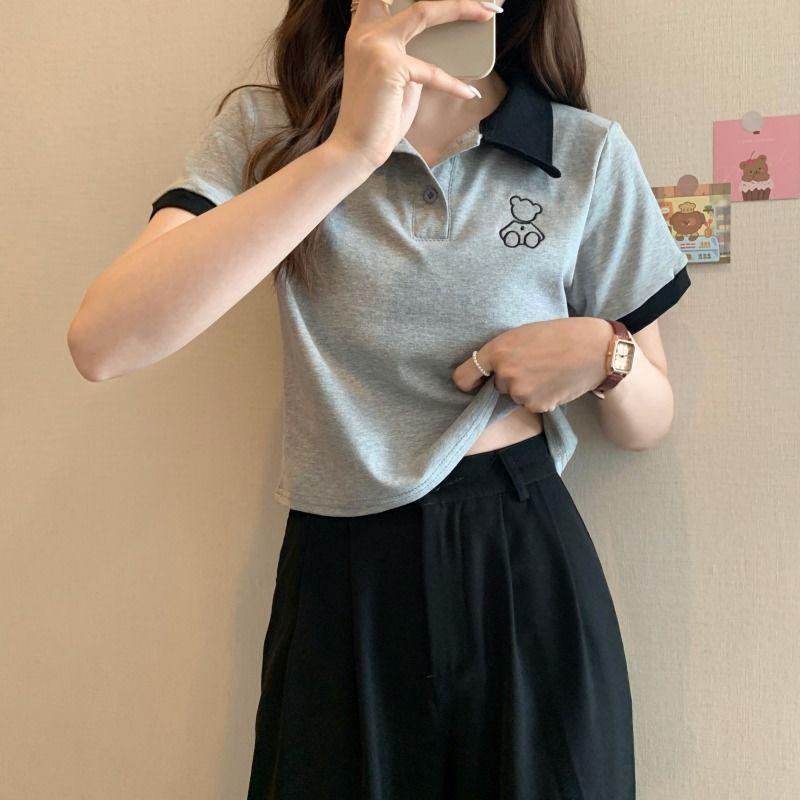Женская летняя футболка с короткими рукавами и вырезом поло, тонкий короткий топ, тонкая внутренняя футболка ранней весны