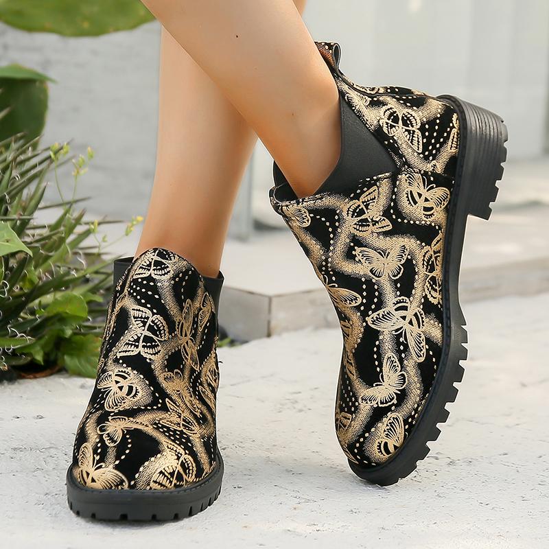 Lucyever Серебряные Ботильоны с принтом бабочек на платформе Женские Ботинки-челси на низком каблуке Большие размеры Женские Осенние Короткие Ботильоны без застежек
