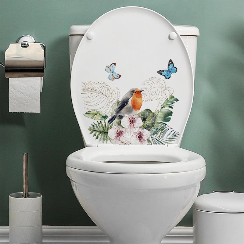 Наклейка на туалет «Птица, бабочка», декоративные виниловые наклейки для ванной комнаты, настенное искусство с зелеными растениями, водонепроницаемые съемные наклейки