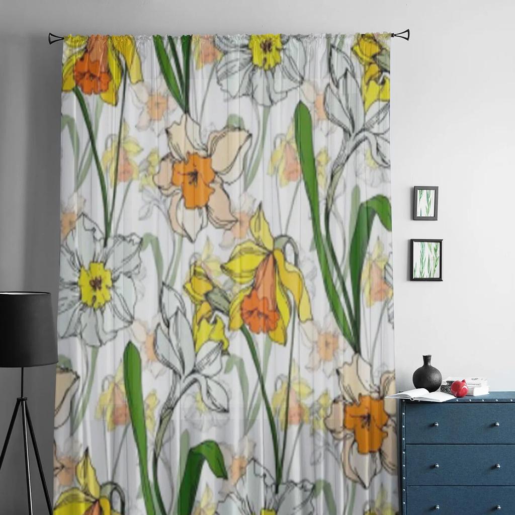 Ручной рисунок дикой розы, цветок нарцисса, прозрачные шторы для гостиной, современная мода, занавески с балдахином для кухни, тюлевые шторы