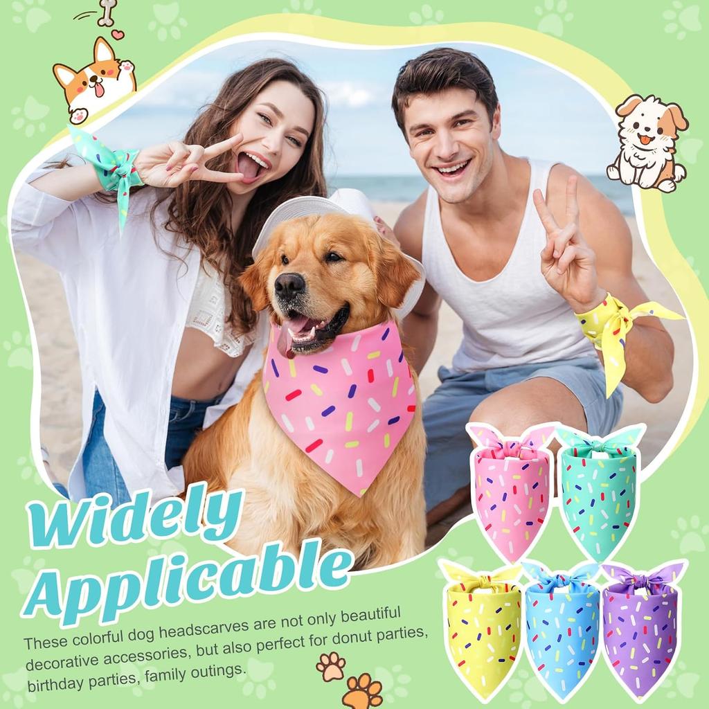 Sanwuta 50 Pcs Birthday Dog Bandanas Bulk, Donut Confetti Design, Pink Yellow Blue Green Purple Triangle Kerchief Bibs Scarf, Pets Doggie Birthday