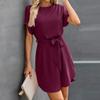 Womens Summer Short Dresses O Neck Casual Batwing-Short Sleeve Belted Dress For Women