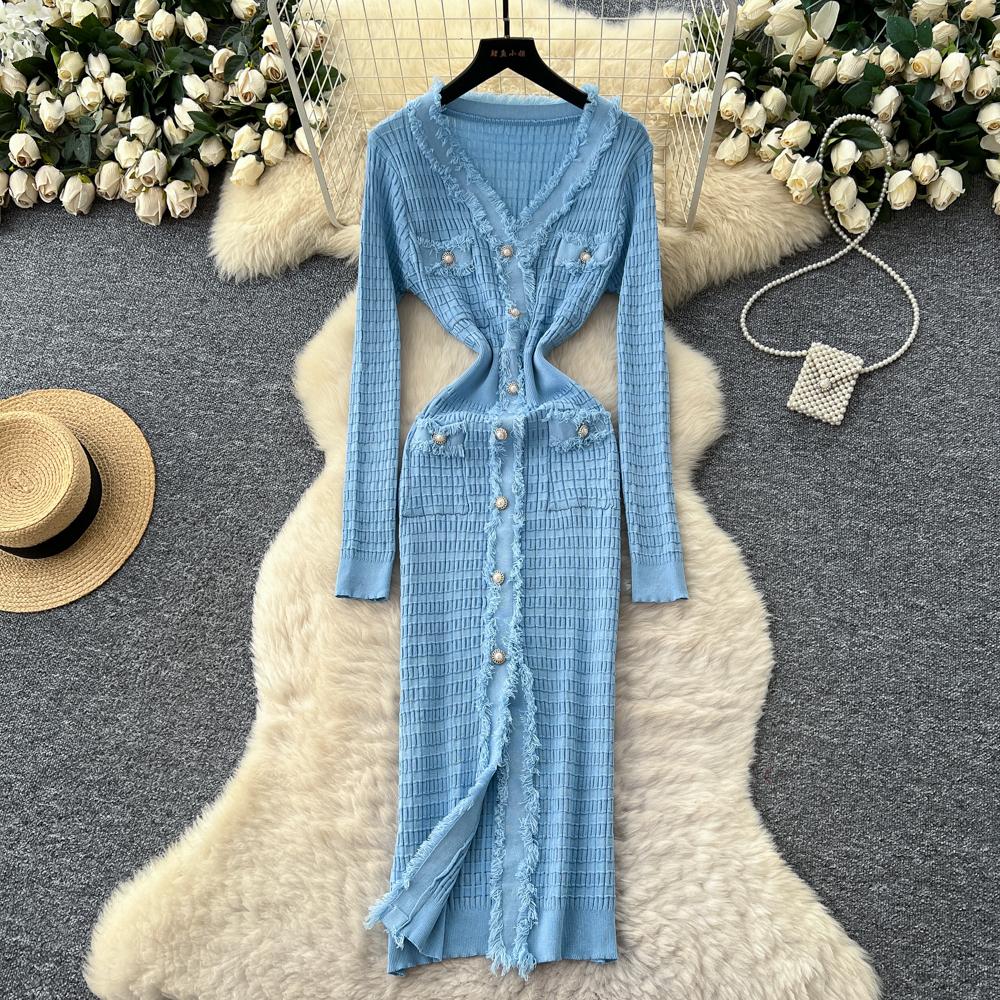 Новые женские платья Осень Зима Винтажное лоскутное вязаное миди-платье Элегантное платье-рубашка-свитер с V-образным вырезом и оборками