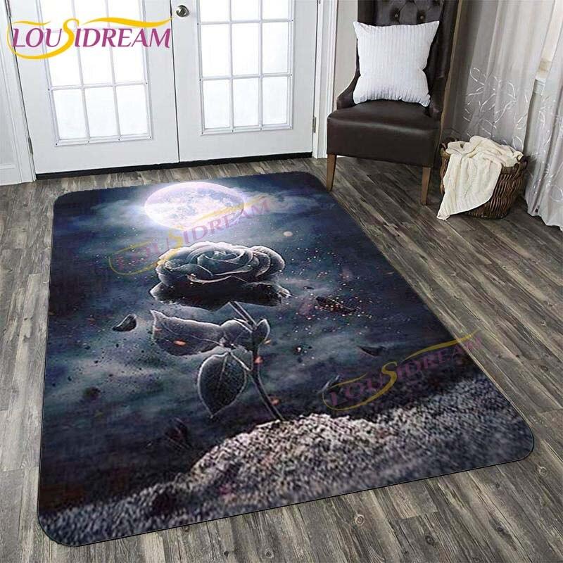 3D New Flaming Rose Floor Mat Area Rugs Rose and Skull Printed Rug and Carpets for Bedroom Home Living Room Valentine's Day Gift
