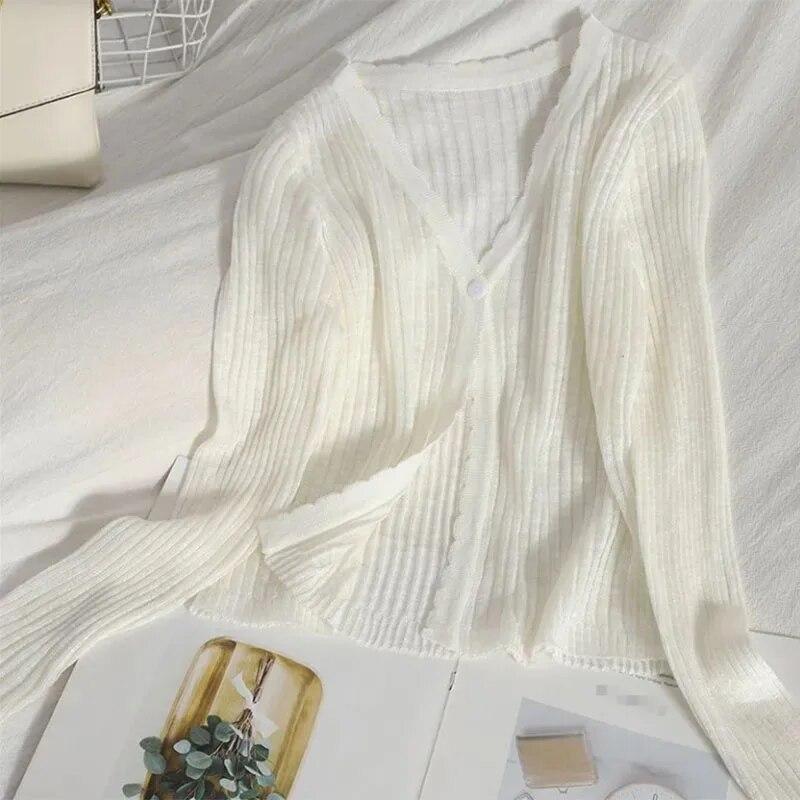 Тонкий вязаный кардиган с v-образным вырезом, милое милое женское пальто с длинным рукавом, укороченный топ с одной пряжкой, новая мода, однотонный, простой, повседневный, солнцезащитный кардиган