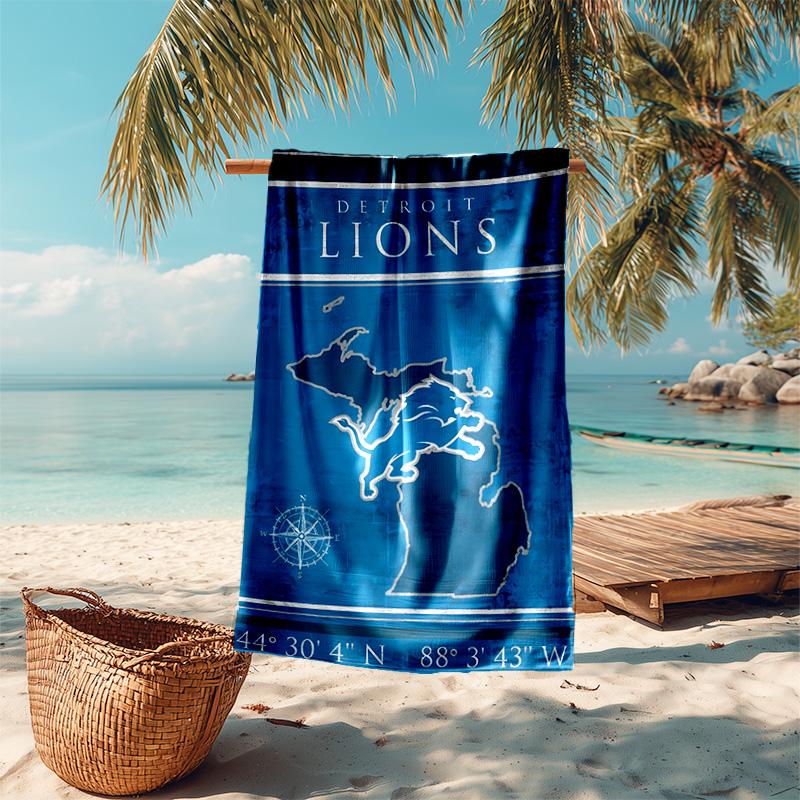proof beach towel with Detroit Lions logo pattern - soft,absorbent,quick-drying,machine washable - perfect for swimming,camping,bathing