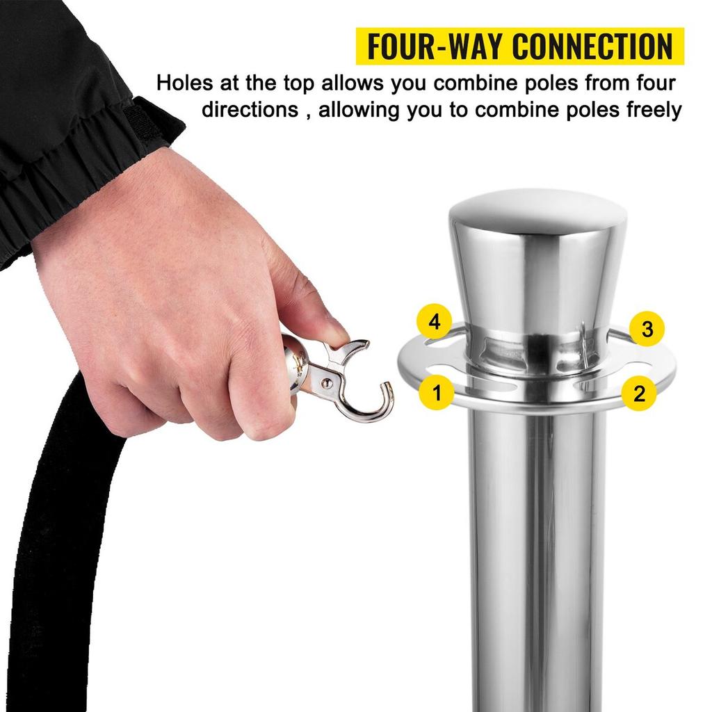 Crowd Control Stanchion, Set of 2 Pieces Stanchion Set, Stanchion Set with 5 ft/1.5 m Black Velvet Rope, Silver Crowd Control Barrier with Sturdy