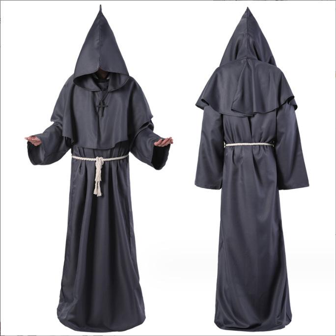 Medieval Monk Robe Renaissance Priest Halloween Cosplay Costumes Wizard Carnival Party Hooded Cloak With Cross Necklace