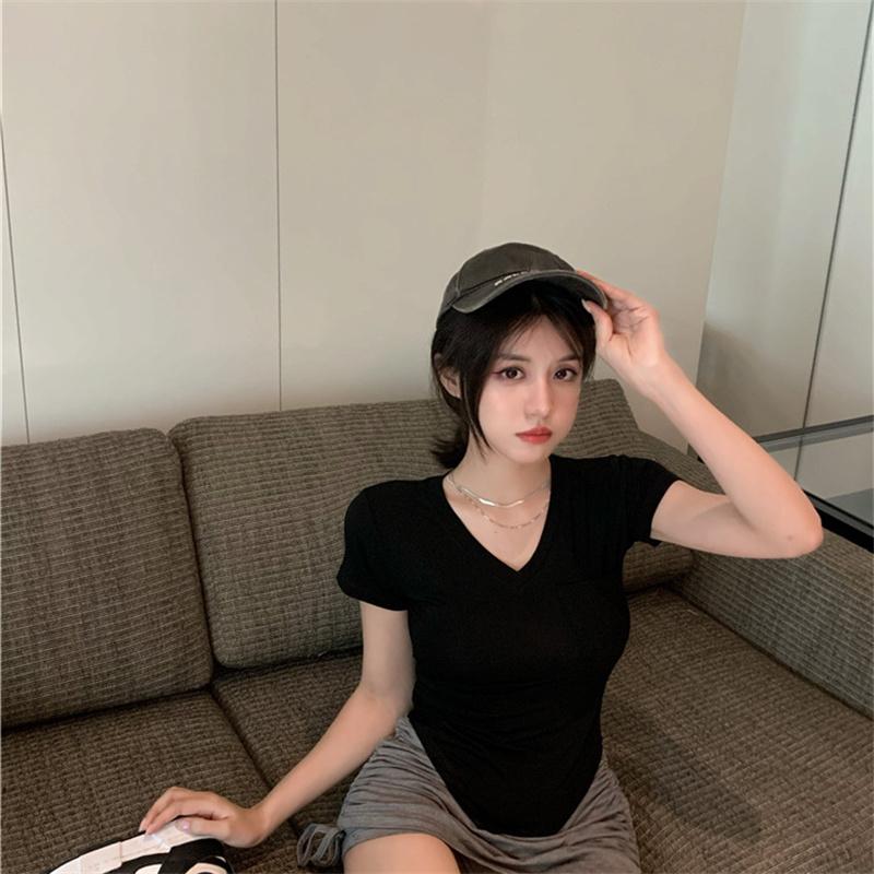 Women Spring Summer Solid Color Short Sleeve T-shirt V-Neck Pocket Slim Irregular Blouses Pullover Base Top M-XXL