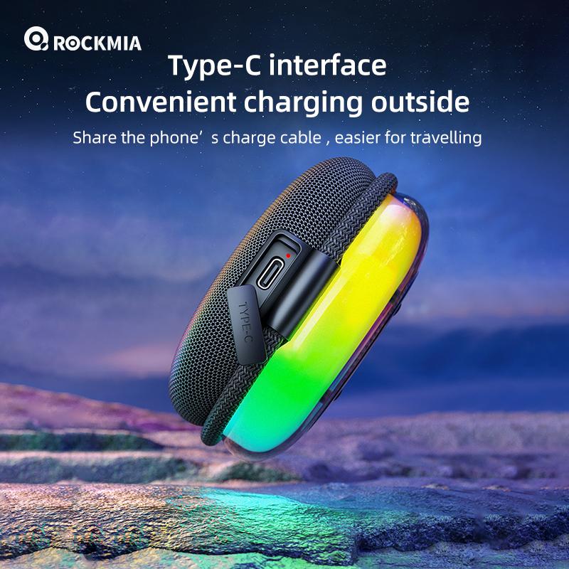 Rockmia EBS-310 Mini Portable RGB Speaker Bluetooth 5.3 Fabric Mesh Handle Outdoor Waterproof IPX4 Stereo Music Box Colorful lights