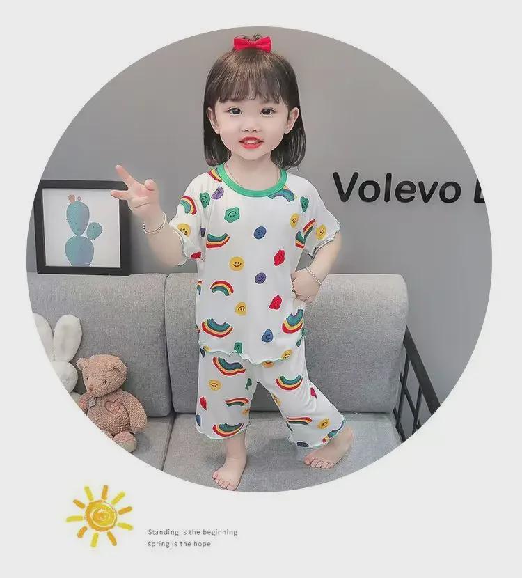 Ice Silk Soft Girls' Short-Sleeve Pajamas - Stylish Korean Summer Sleepwear for Babies