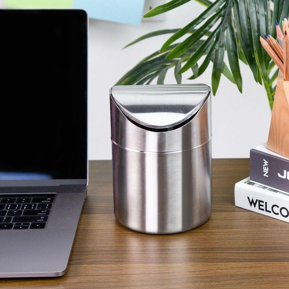 Dust-proof Mini Flip Trash Can Stainless Steel Creative Storage Bin Desktop Trash Can Makeup Brush