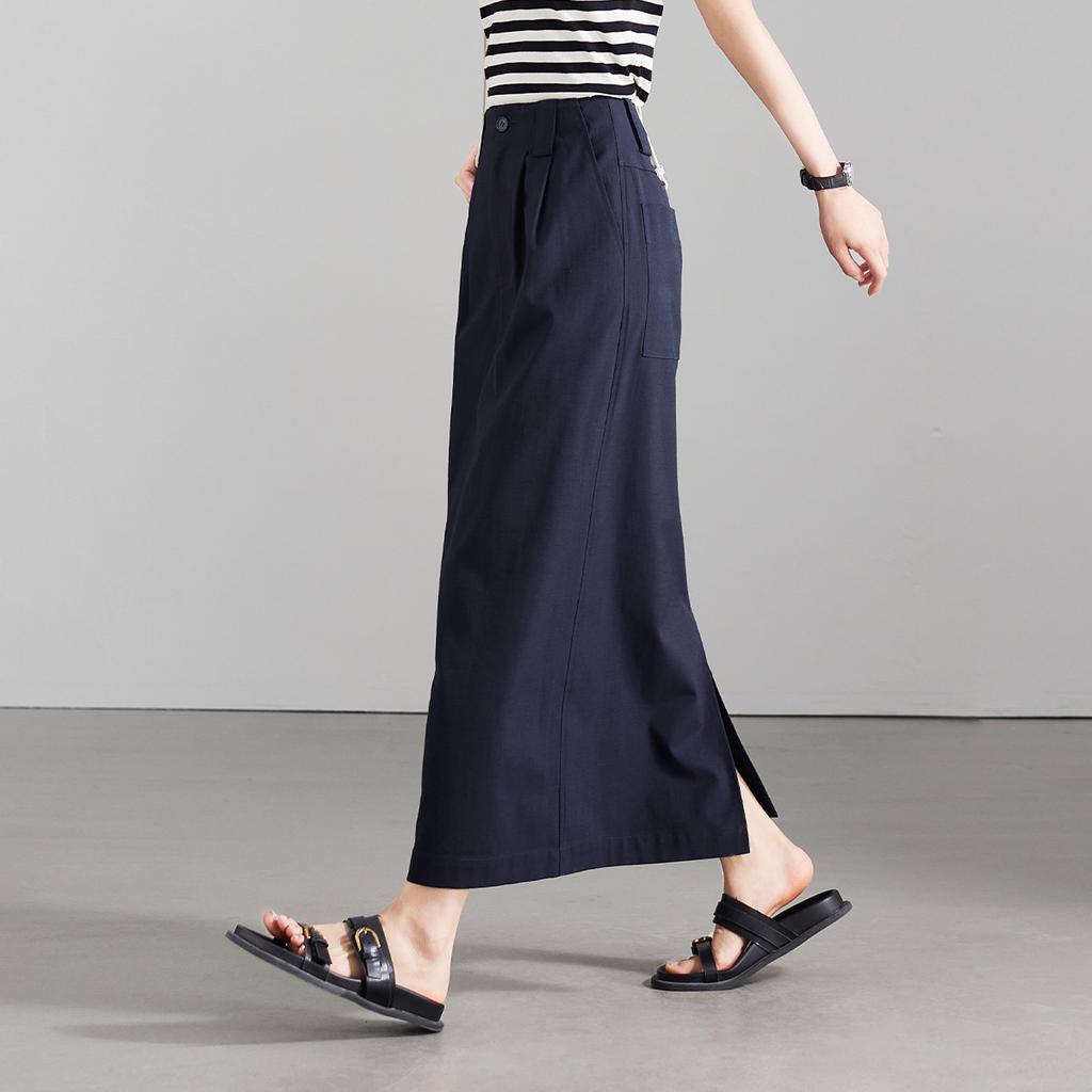 Double pleated high waisted split skirt 2026 summer thin commuting casual versatile mid length straight tube skirt
