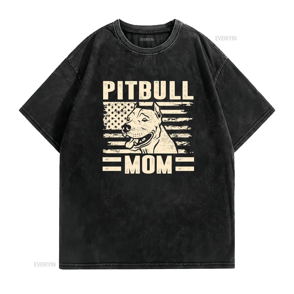 Pitbull Mom T Shirt Dog Mother Mama Lover Owner Woman vintage Washed Casual Top For Everyday Wear homme graphic Versatile
