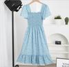 "French Retro Floral Square Neck Puff Sleeve Dress for Petite Women - High Waist, Sweet, Short Spring Style"
