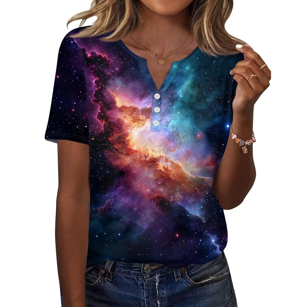 Жен. Футболка С принтом Пуговицы С короткими рукавами Повседневные Выходные Мода Классический V-образный вырез Обычный Верх