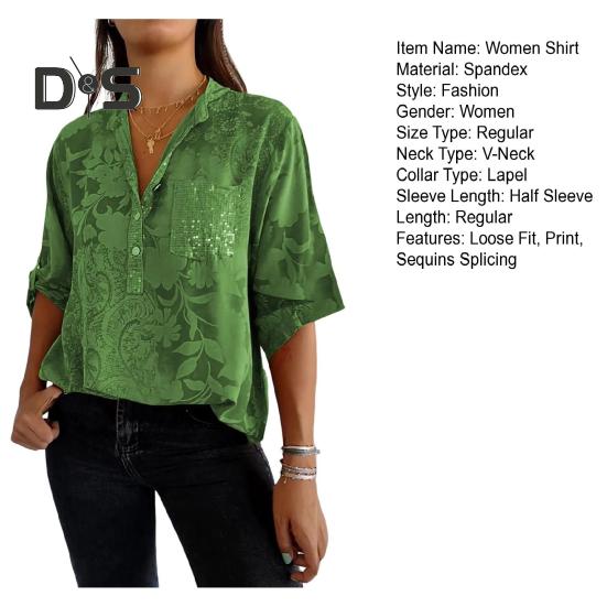 Женская летняя рубашка с v-образным вырезом и лацканами, пуловер с половиной рукавов, топы с принтом, пуговицы, половина планки, пайетки, накладной карман, свободная рубашка