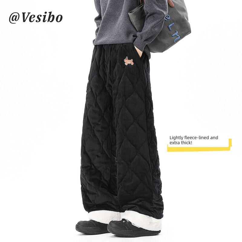 Мужские стеганые теплые хлопковые брюки в американском стиле, зимние брюки прямого кроя с вышивкой таксы, винтажные свободные повседневные брюки на флисовой подкладке