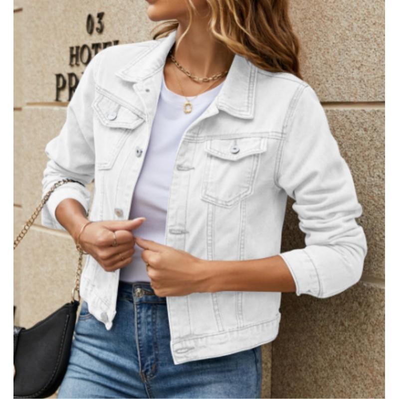 Женская короткая джинсовая куртка с лацканами и карманами, однобортная, однотонная, персонализированная уличная куртка