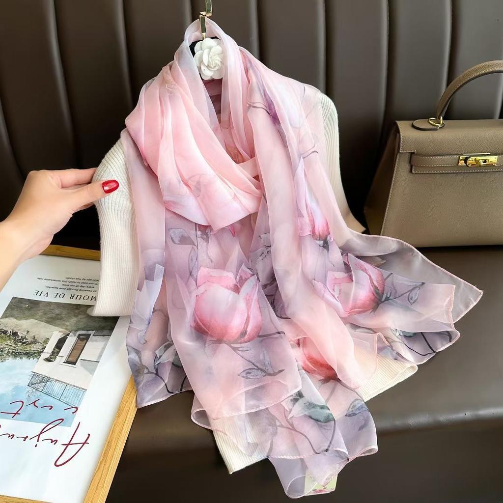 Silk Scarf for Women In Spring Autumn and Winter Middle-aged and Elderly Mothers Warm and Versatile Super Large Scarf Literary Style Travel Scarf