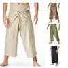 Льняные тайские рыбацкие штаны свободные мужские брюки гаремы однотонные на кулиске широкие штанины брюки для боевых искусств повседневные пиратские штаны