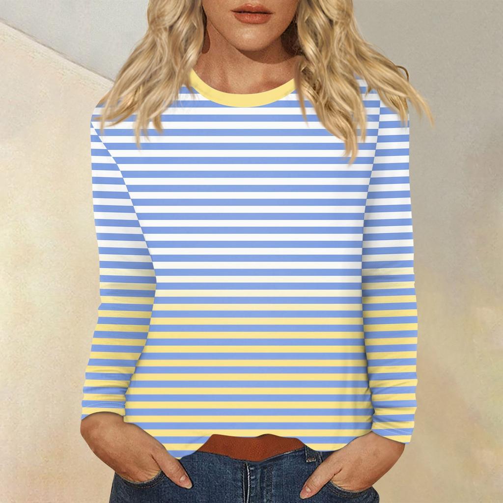 Женский повседневный топ с круглым вырезом и длинными рукавами в полоску с принтом