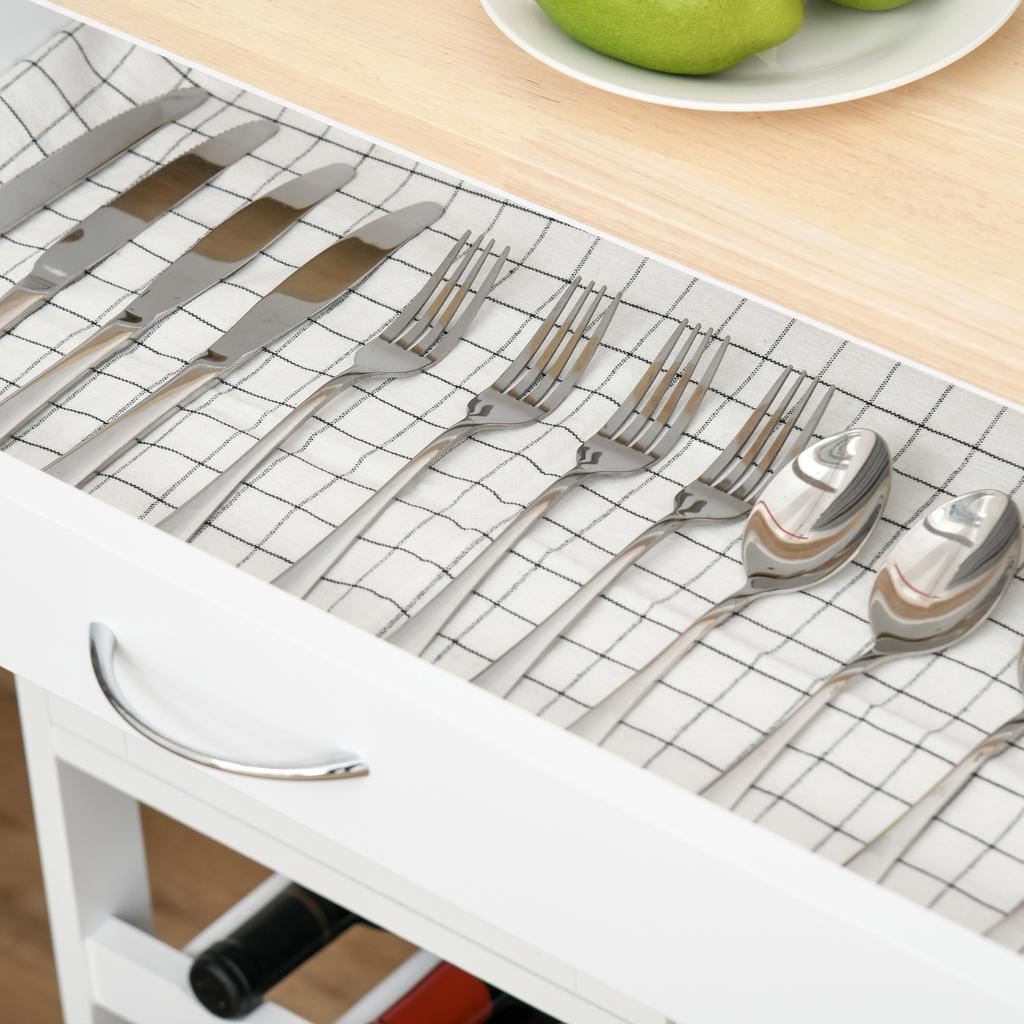 Kitchen Trolley with Multiple Storage Options: 2 Cupboards, 9-Bottle Rack, White MDF, Drawer