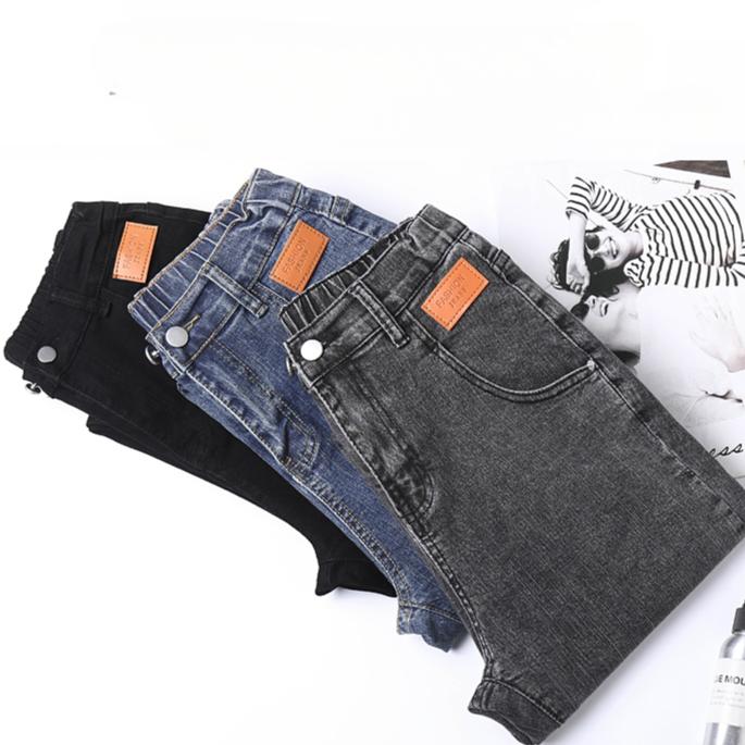 Весна Женские Джинсы Большого Размера Эластичные Пуговицы Прямые Базовые Брюки с Высокой Посадкой Синие Длинные Брюки