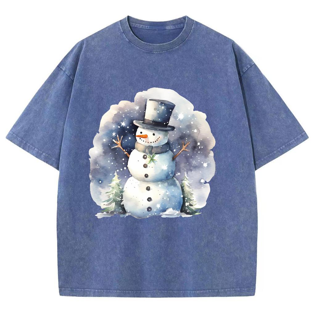 Snowman Print Christmas Women's T-Shirt Oversized Washed Short Sleeve Everyday Cute Top Retro Distressed Wear Men