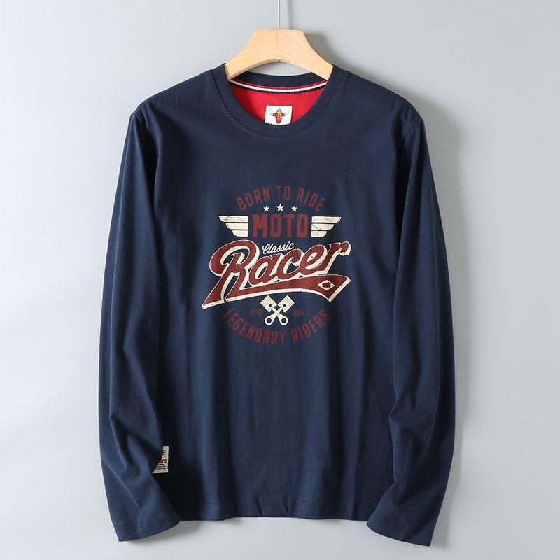 Export Surplus Washed Brushed Cotton Men's Autumn Vintage Print Round Neck Breathable Long-Sleeve T-Shirt