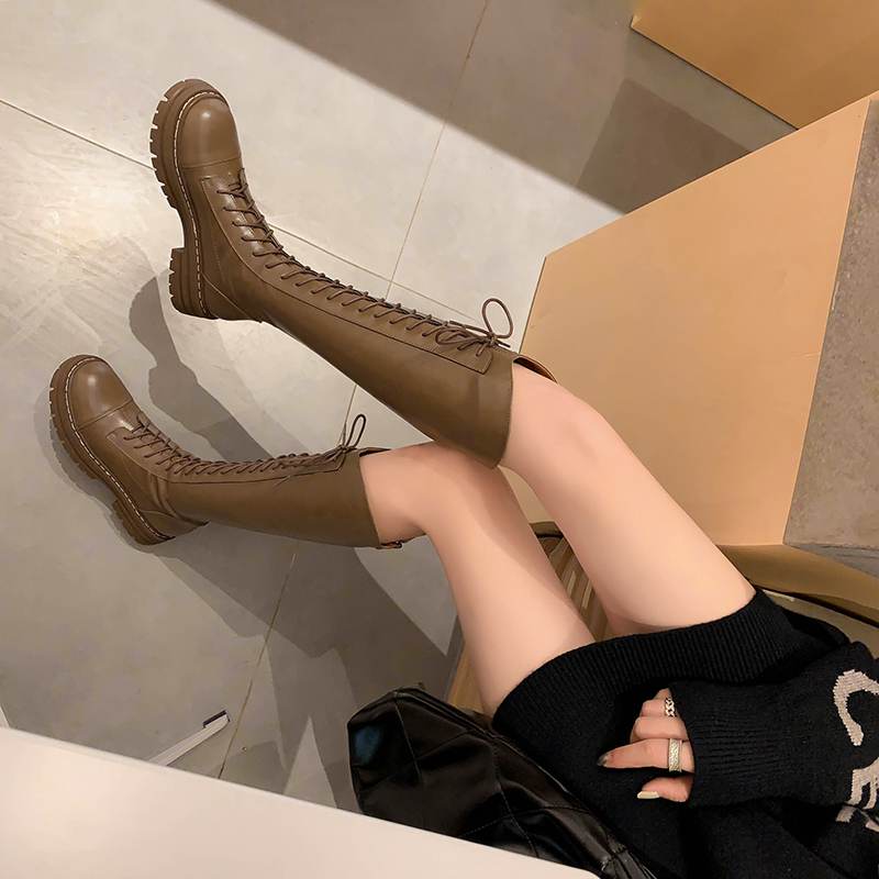 Krazing Pot Осенне-зимняя обувь из натуральной кожи, конные сапоги на среднем каблуке в европейском дизайне, женские теплые сапоги до бедра