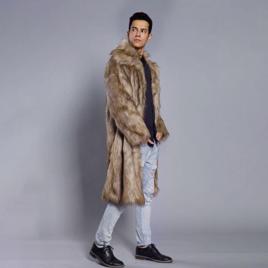 Мужское длинное пальто из искусственного меха с отворотом и длинным рукавом, ветрозащитное пальто с открытым передом, утолщенное теплое пальто из искусственного меха