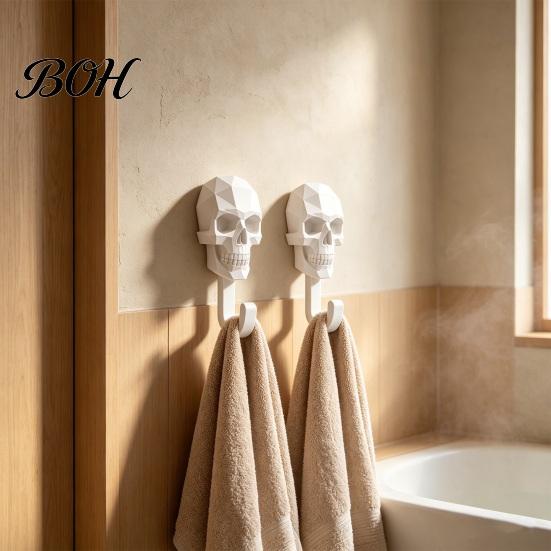 Damage-free Wall Hanger 2Pcs Hook Up, 3D Printed Skull Design Hooks, No Drilling Industrial Style Mount Hanger, Waterproof Bathroom Storage for Towels