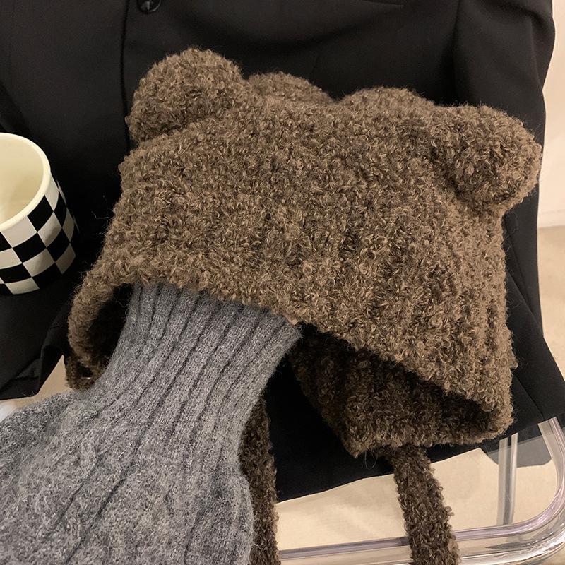 Милая шапка-медвежонок женская зимняя теплая серая шапка с ушками осень-зима вязаная шерстяная шапка большой обхват головы