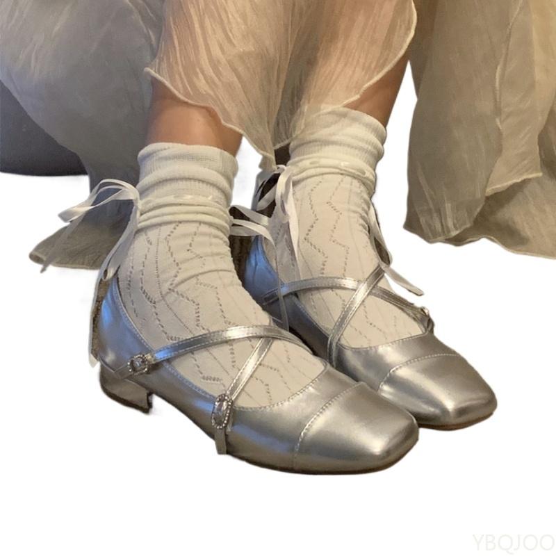 Модные Серебряные кожаные балетные туфли Женские французские туфли Мэри Джейн Модные туфли на низком каблуке с квадратным носком Ремешок-крест новые Женские туфли на высоком каблуке