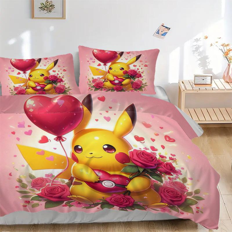 Pikachu'S Valentine Romance Print 3Pcs Bedding Setduvet Cover With 2 Bedropillowcase Home Birthday Gift