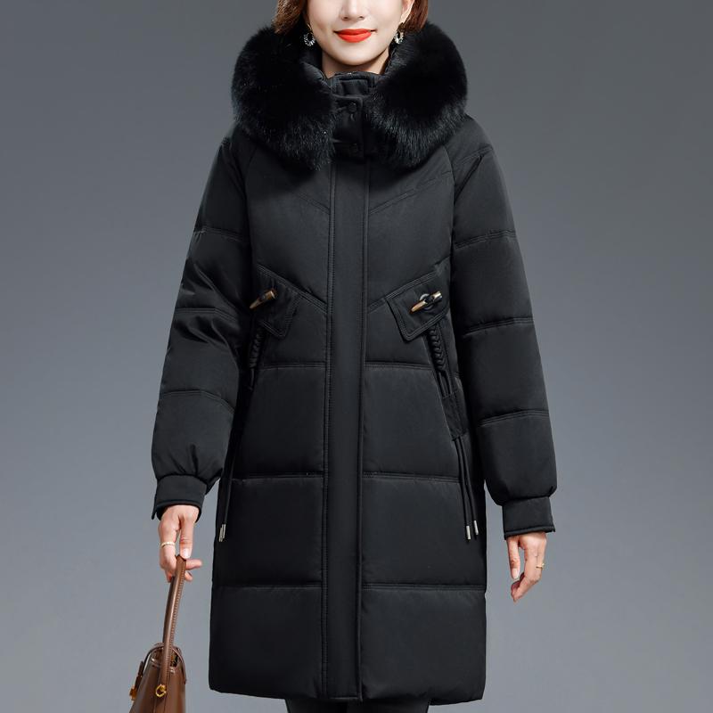 Middle Age Woman Winter Long Coats Hooded Faux Fur Collar Casual Thick Warm Parkas Women's Jackets