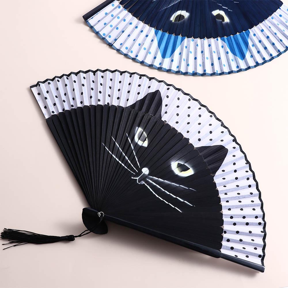 Quality Cartoon Bamboo Wooden Cat Patterns Handmade Silk Fan Fan Crafts Home Decoration Folding Fan
