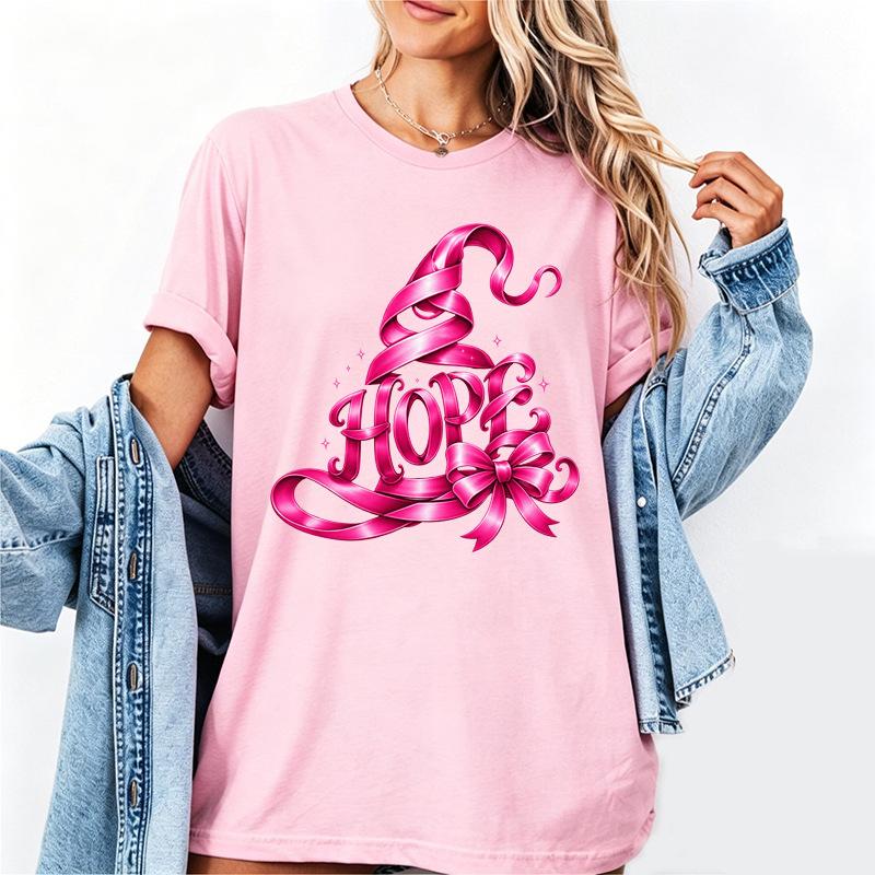 Halloween Hope Pink Ribbon Witch Hat Bow Vintage Art Print Graphic Womens T Shirt Short Sleeve Crew Neck Casual Ladies Tee Tops