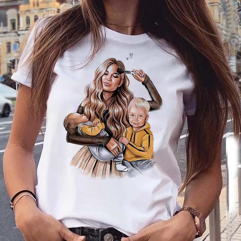 Женская футболка с рисунком «Мама, дочка, сын», женские футболки с принтом, топы с короткими рукавами, женская футболка с кавайным рисунком, женская футболка, одежда