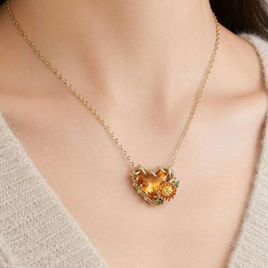 Birthstone Heart Necklace Birth Stone and Flower Pendant Necklace Jan to Dec