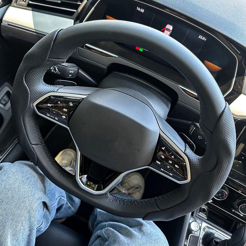 Snap-On Universal Steering Wheel Cover, D-Shape & Round Fit, Breathable Hole Non-Slip Sweat Absorbing Leather Auto Decor Parts