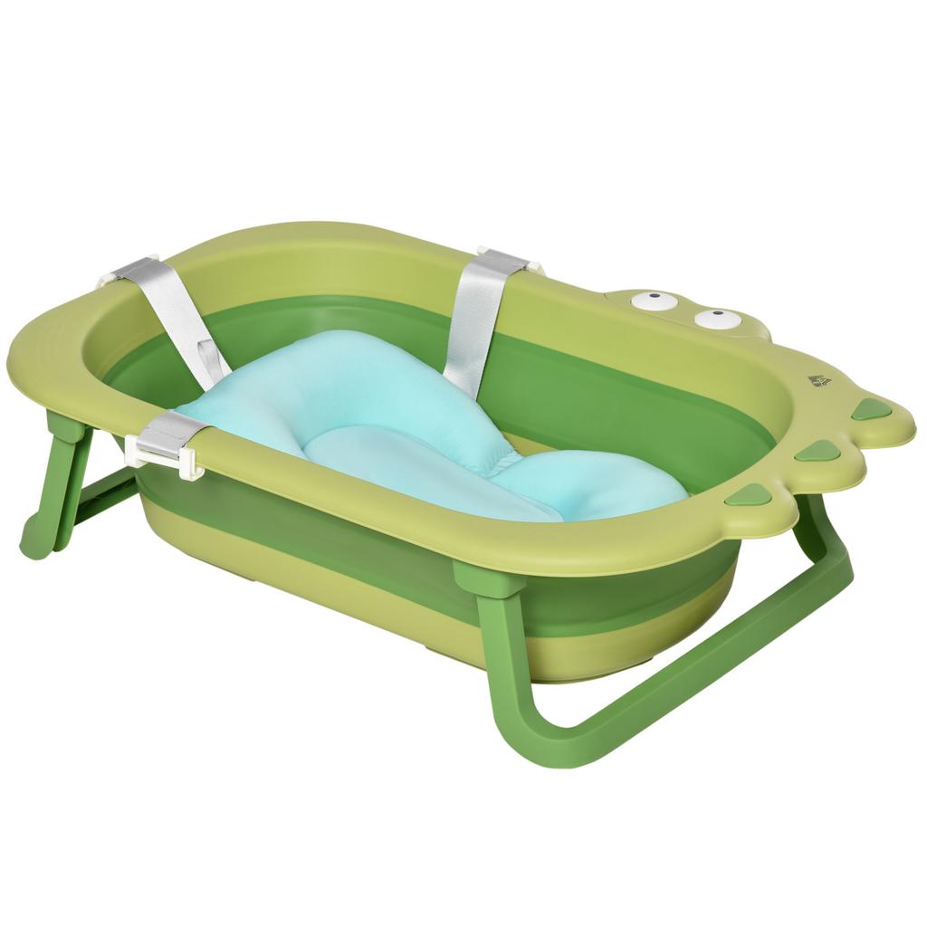 Baby Bath Tub for Toddler Kids Infant Ergonomic Foldable Secure Non-Slip Portable with Baby Cushion for 0-3 Years Green