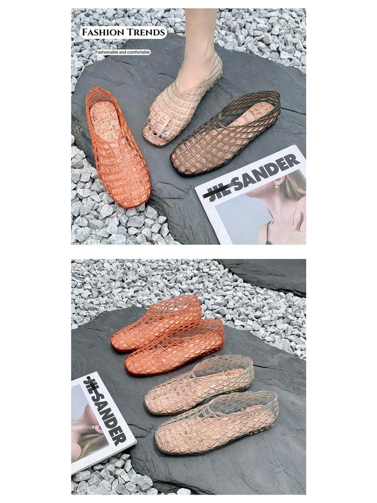 Женские сетчатые слипоны-сандалии-желе 2025: Хрусталь, Ажурный, Плоская подошва, Удобный, Повседневный корейский стиль.